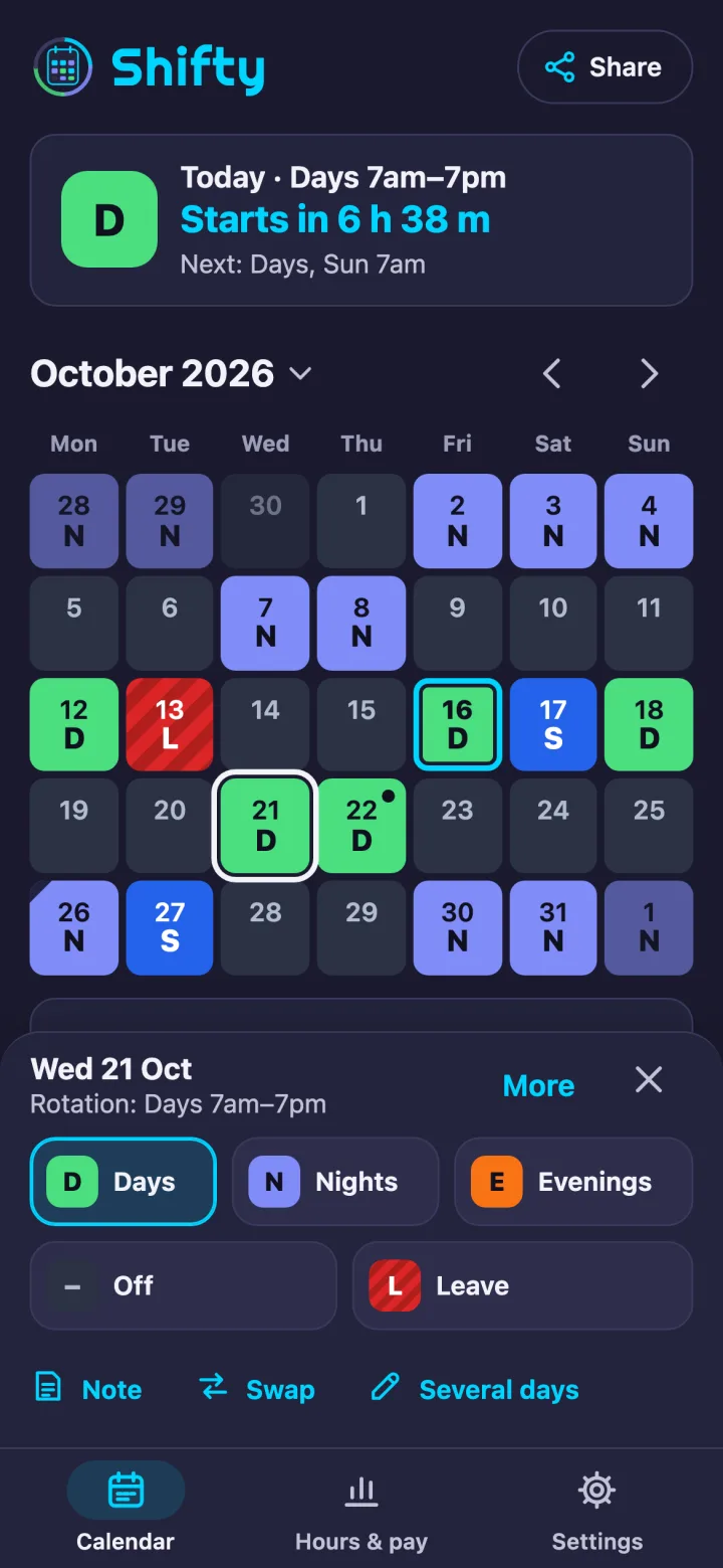 The day bar open on Wednesday 21 October: Rotation: Days 7am–7pm, big buttons for Days, Nights, Evenings, Off and Leave with Days selected, and Note, Swap and Several days underneath. The month stays in view above it.