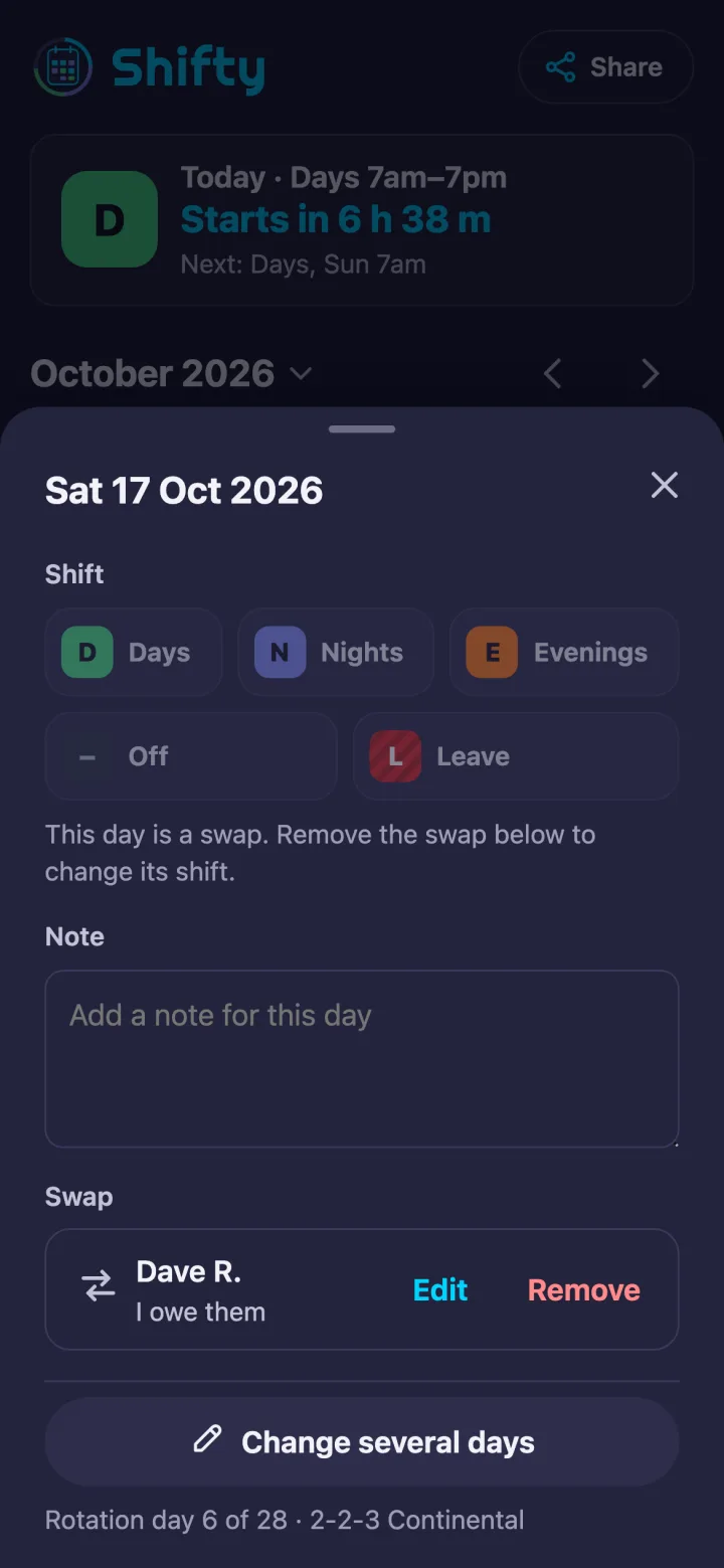 The day sheet for Saturday 17 October: the shift buttons are greyed out with This day is a swap, a note field, and a swap with Dave R. marked I owe them, with Edit and Remove.