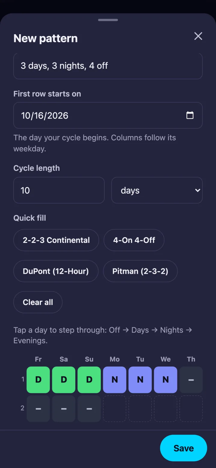 The pattern builder with a new rotation named 3 days, 3 nights, 4 off: the day the first row starts, a cycle length of 10 days, quick-fill buttons for the four built-in rotations, and a grid of three day shifts, three night shifts and four days off.