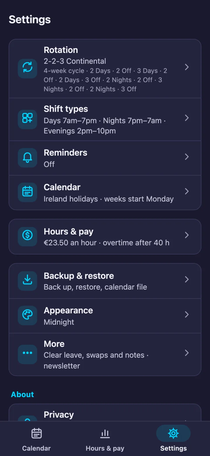 The Settings list in the Midnight theme, each row showing what it is set to: Rotation, Shift types, Reminders, Calendar, Hours & pay, Backup & restore, Appearance and More.