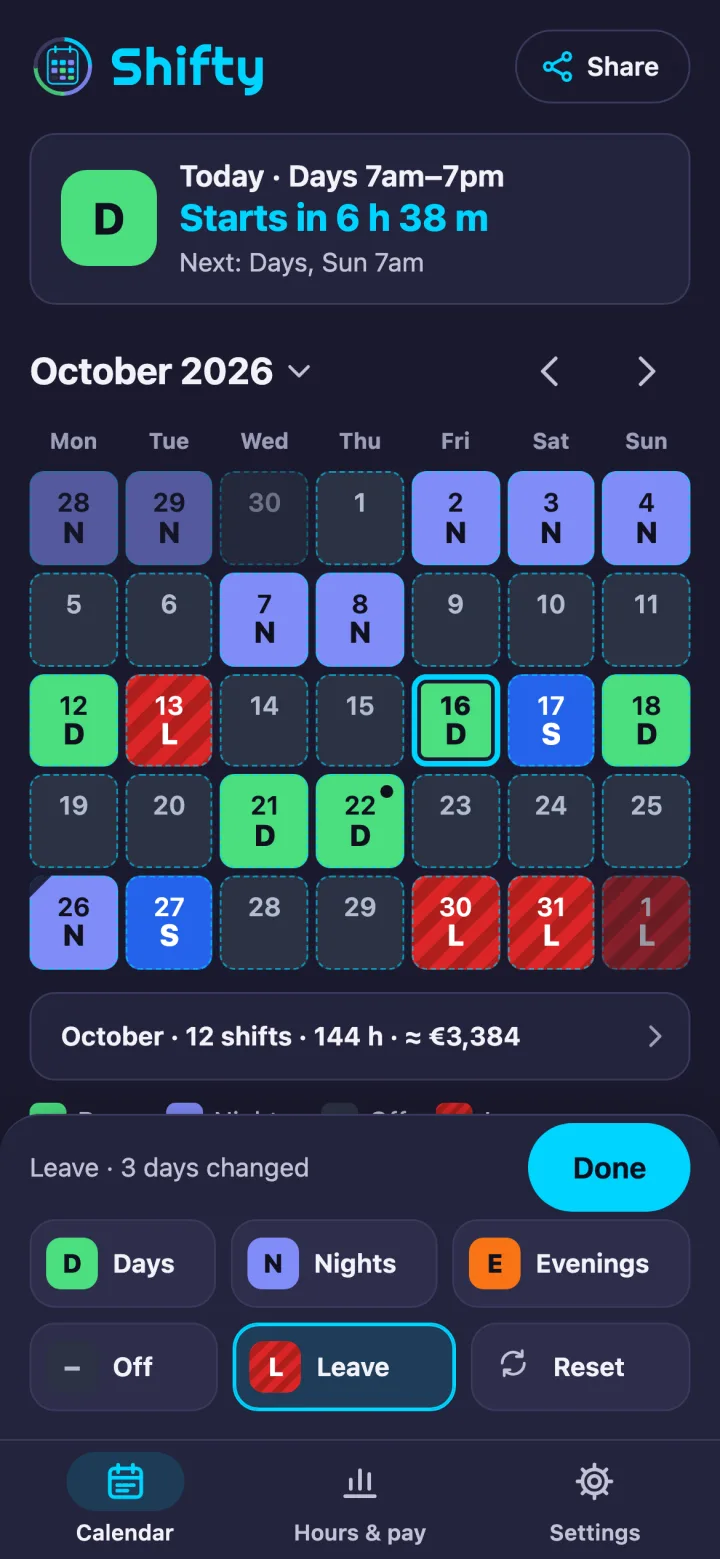 Several days in progress with Leave picked: the bar reads Leave · 3 days changed beside a Done button, and Friday 30 October, Saturday 31 October and Sunday 1 November are marked L in the calendar above it.