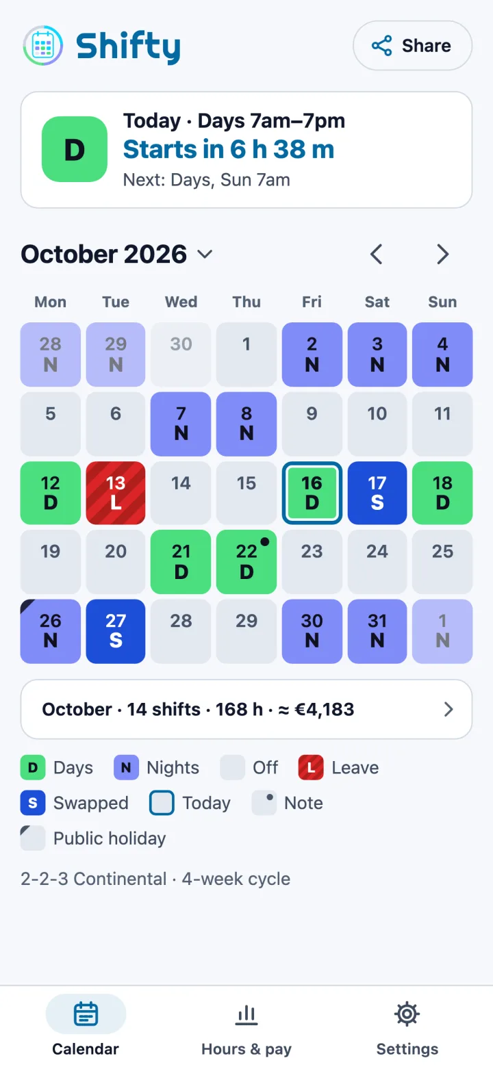Month view in the Daylight theme: a light background with blue buttons and the same sample schedule.
