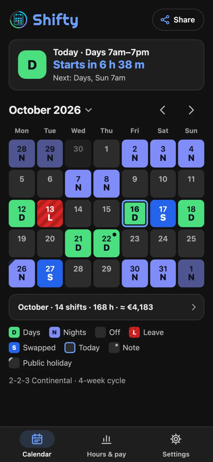 Month view in the Slate theme: a charcoal background with blue buttons and the same sample schedule.