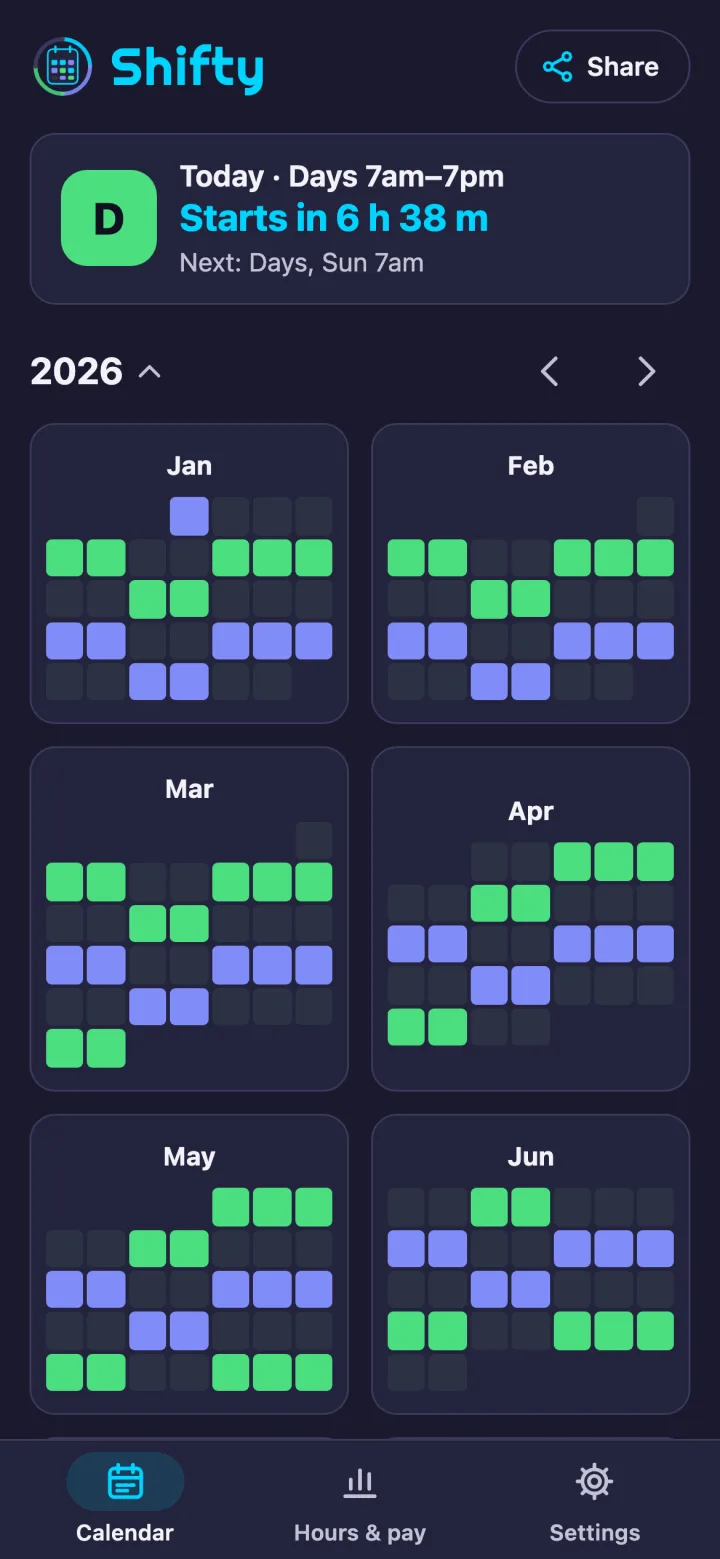 The year view for 2026: January to June as small month grids, day shifts in green and nights in indigo, with leave and swapped days marked.