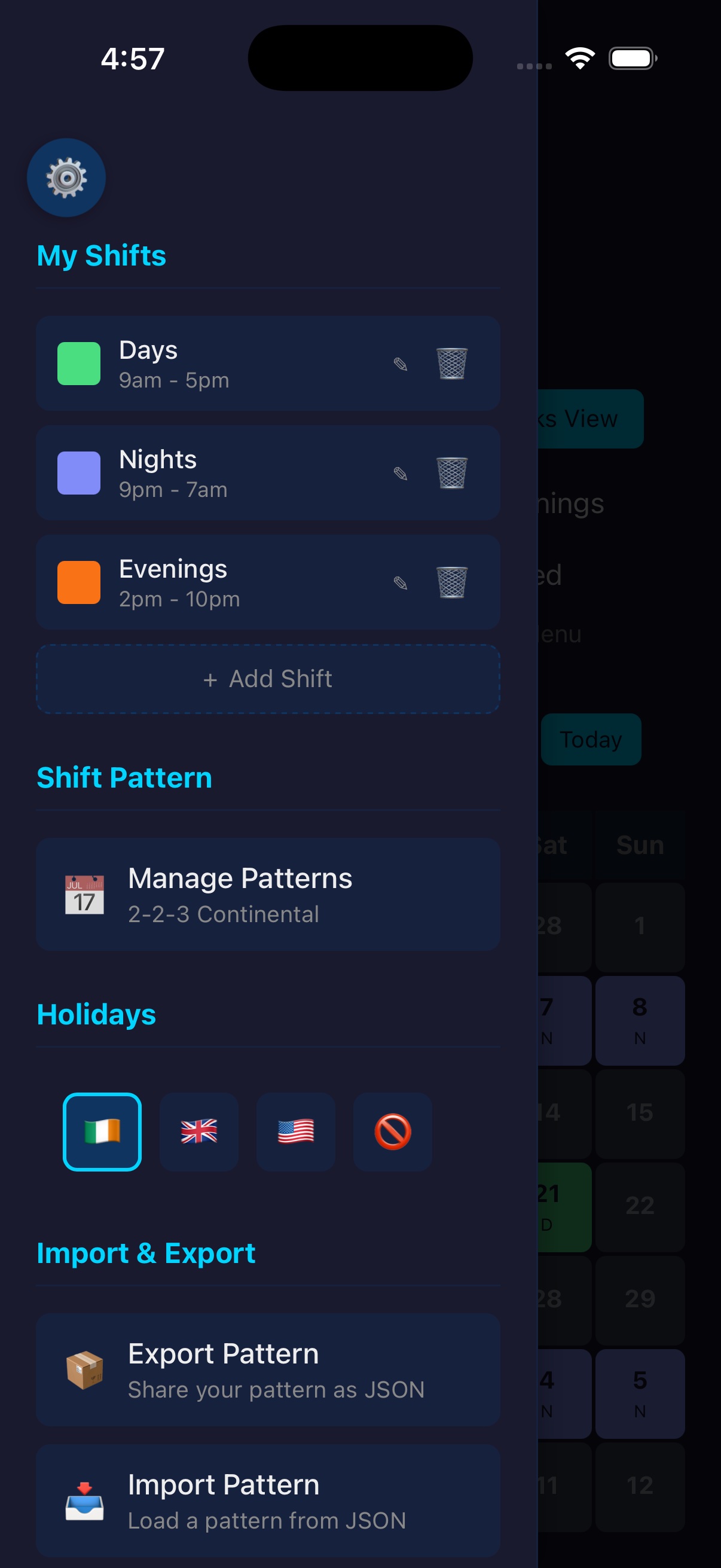 Shifts, Patterns, Holidays - Dark Mode